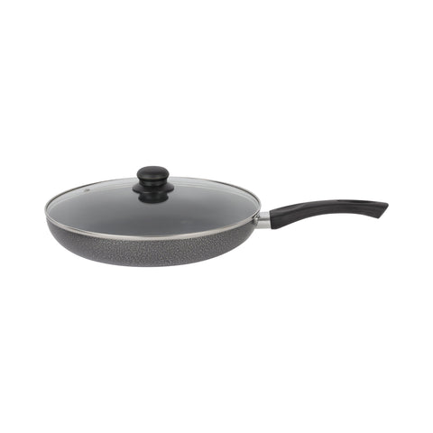 Royalford 28 CM Aluminum Fry Pan With Tempered Glass Lid Red color, Strong Aluminum Body With Non-Stick Coating And Bakelite Handle| Compatible With Hot Plate, Halogen, Ceramic And Gas Stovetops Black