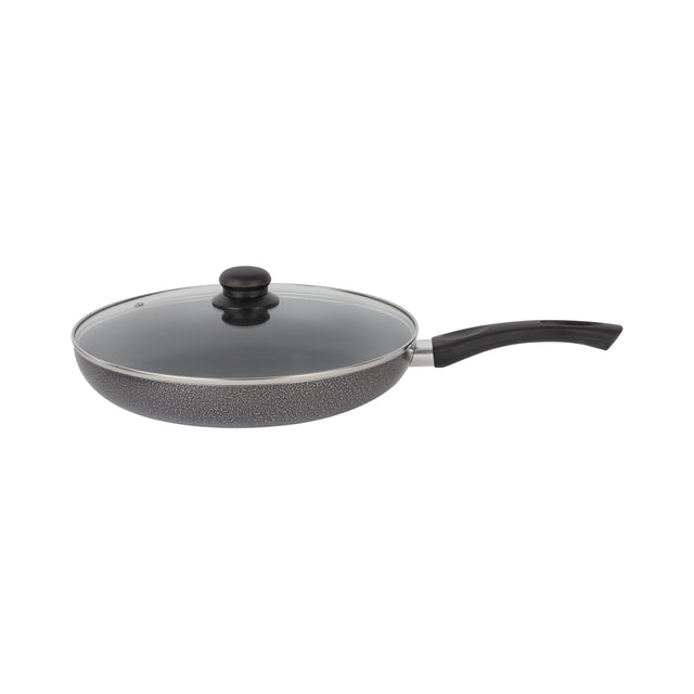 Aluminum Fry Pan With Tempered Glass Lid, Strong Aluminum Body With Non-Stick Coating And Bakelite Handle| Compatible With Hot Plate, Halogen, Ceramic And Gas Stovetops Red