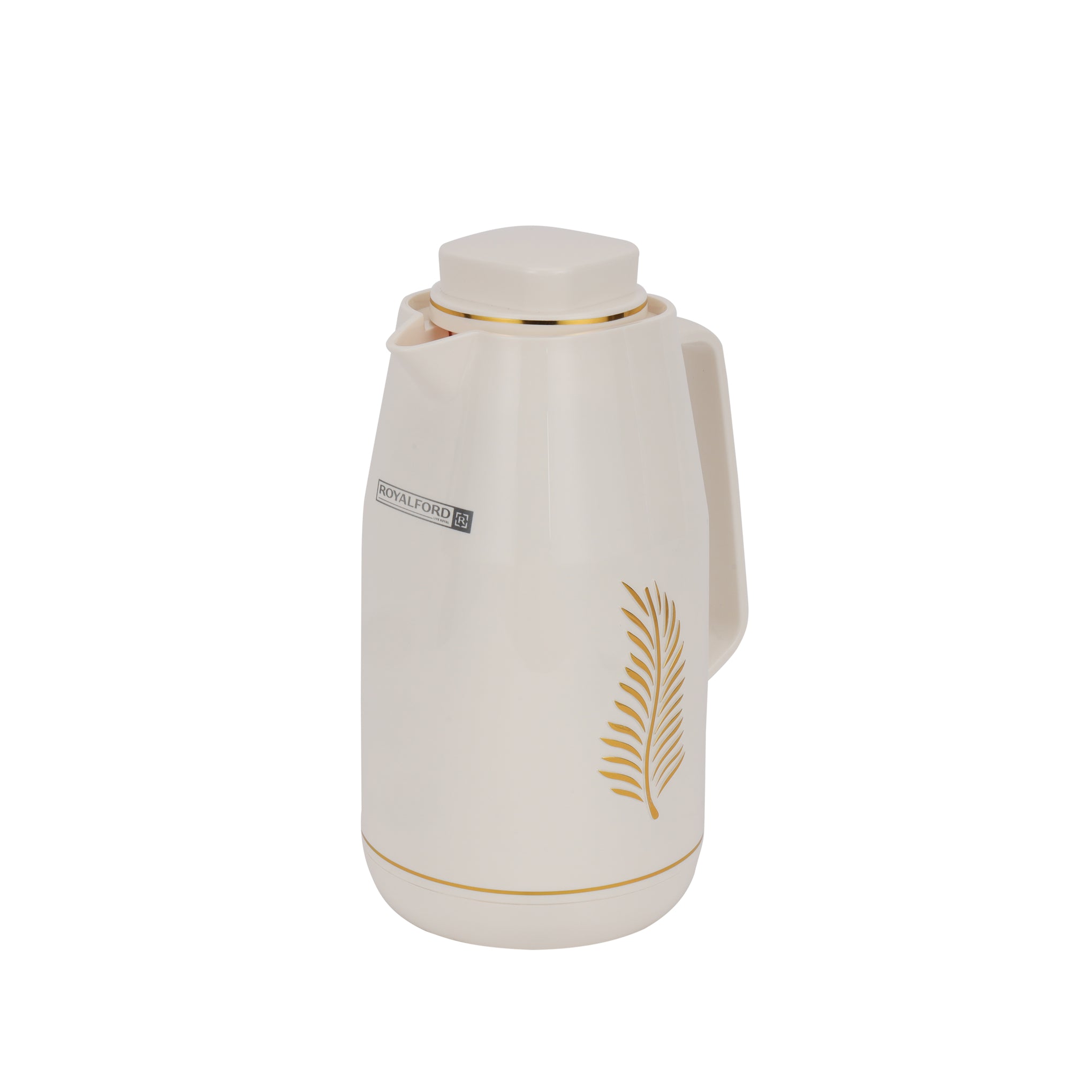 Royalford 1.0 L (33.5 oz) Vacuum Flask with Pink Glass Inner and PP Outer Body | Leak-Proof and Portable Design Suitable for Indoor WHITE AND GOLDEN