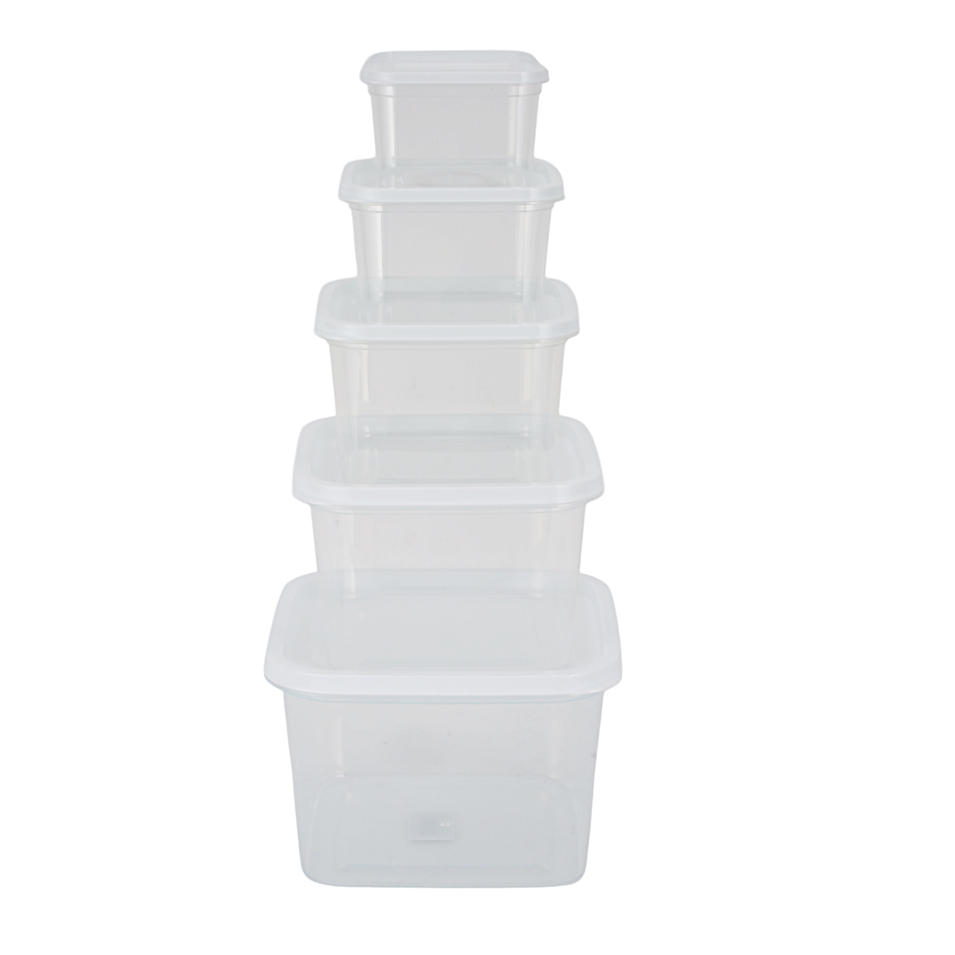 Royalford 5 Pieces Square Plastic Food Storage Containers - Rf12189 |360Ml, 620Ml, 1050Ml, 1700Ml, 2750Ml, Leak-Proof, Leftovers, Marinades, And Dough, White With Transparent Body. Clear & White