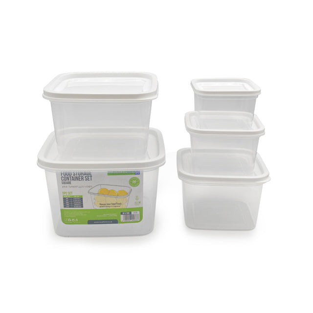 Royalford 5 Pieces Square Plastic Food Storage Containers - Rf12189 |360Ml, 620Ml, 1050Ml, 1700Ml, 2750Ml, Leak-Proof, Leftovers, Marinades, And Dough, White With Transparent Body. Clear & White