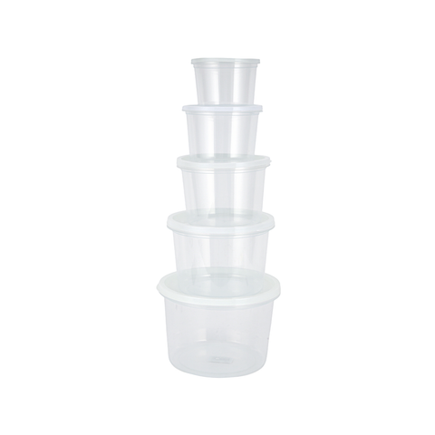 Royalford Round Plastic Food Storage Container- RF12190/ Pack of 5 Containers, 450 ml, 700 ml, 1100 ml, 1800 ml, 2800 ml/ Leakproof Box for Food, Leftover, Marinades, Dough, etc., for Kitchen Organization/ White with Transparent Body