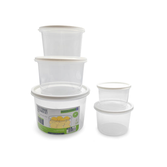 Royalford Round Plastic Food Storage Container- RF12190/ Pack of 5 Containers, 450 ml, 700 ml, 1100 ml, 1800 ml, 2800 ml/ Leakproof Box for Food, Leftover, Marinades, Dough, etc., for Kitchen Organization/ White with Transparent Body