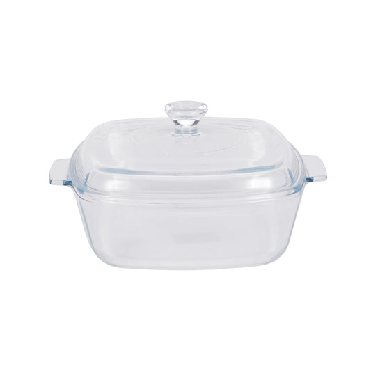 Royalford 1.5 L Glass Baking Dish with Lid-RF12200/ Square Tray Perfect for Baking and Serving/ Casserole with Easy Grab Handles and Knob/ Oven, Dishwasher and Freezer Safe Clear
