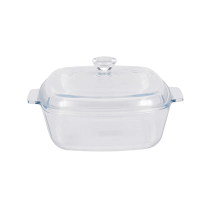 Royalford 1.5 L Glass Baking Dish with Lid-RF12200/ Square Tray Perfect for Baking and Serving/ Casserole with Easy Grab Handles and Knob/ Oven, Dishwasher and Freezer Safe Clear