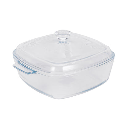 Royalford 1.5 L Glass Baking Dish with Lid-RF12200/ Square Tray Perfect for Baking and Serving/ Casserole with Easy Grab Handles and Knob/ Oven, Dishwasher and Freezer Safe Clear