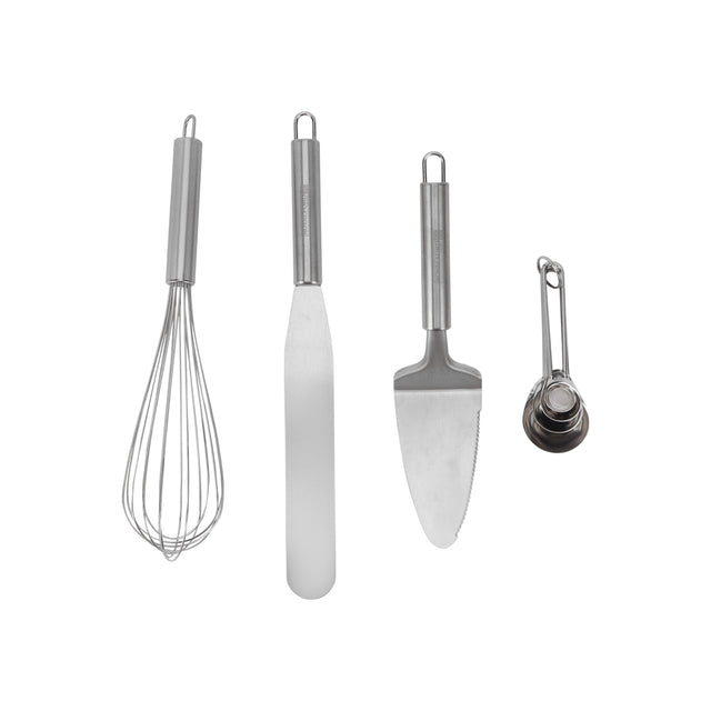 Royalford Pack of 4 Baking Tools Set RF12320 Stainless Steel Kitchen Tools, Includes Scraper, Whisk, Shovel and Measuring Spoons Perfect for Cooking, Baking, Decorating Cakes, Cookies, Pies Multicolor