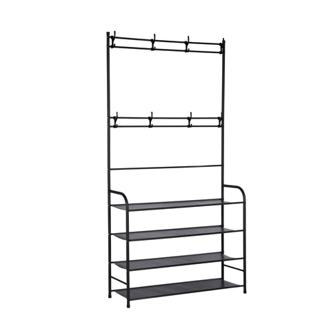 Royalford Cloth Hanger with Shoe Rack- RF12423/ with Hooks and Layers, Large Storage/ Powder Coated Iron Construction, Perfect for Hanging Clothes, Coats, Skirts, Shirts, Sweaters, Organizing Shoes, Heels, Boxes, etc./ Black