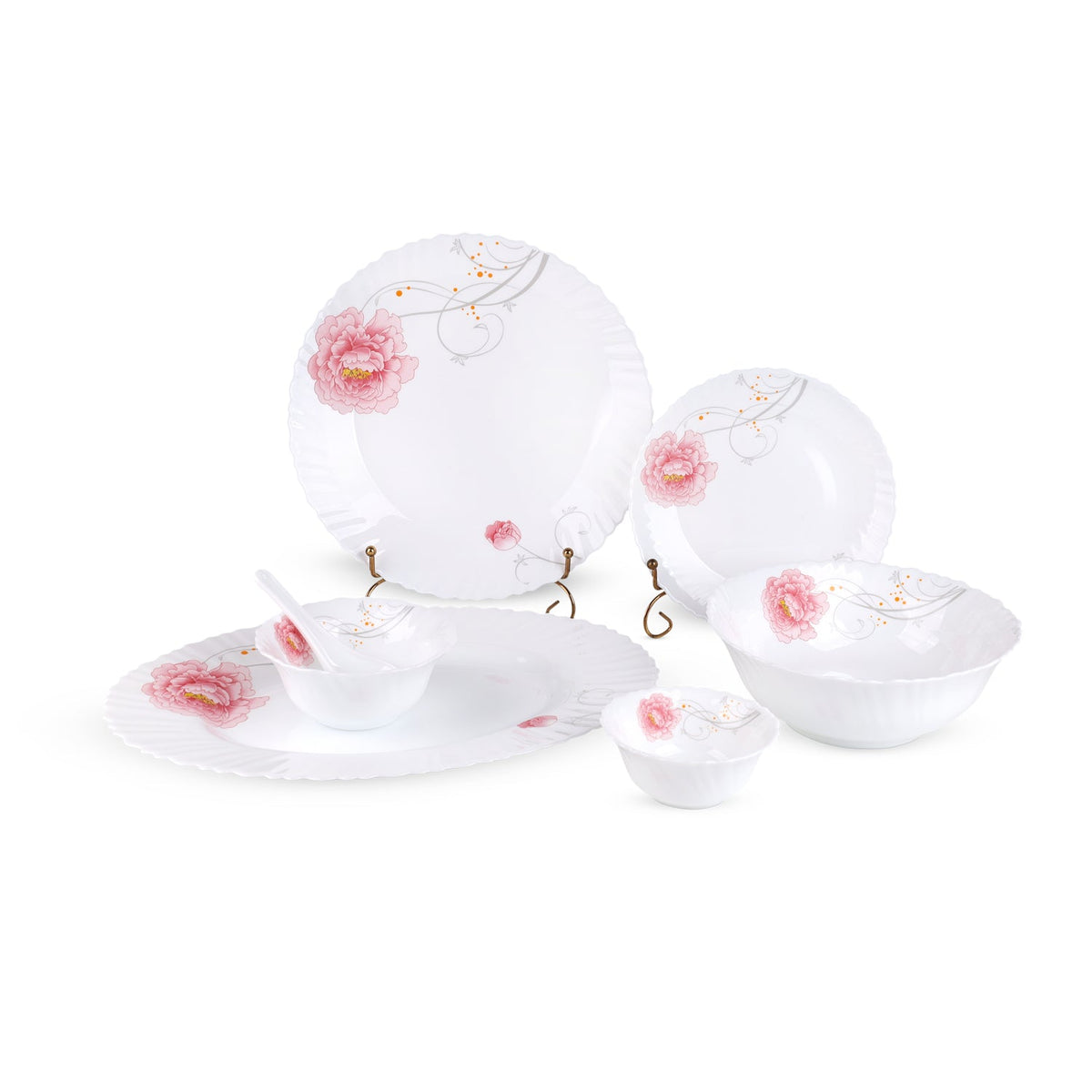 Royalford 33 Piece Classic Opalware Dinner Set- RF12469/ Includes Oval Plate, Dinner and Dessert Plates, Serving, Salad Bowls and Soup Spoons/ Dishwasher-Safe and Microwave Safe Multicolor
