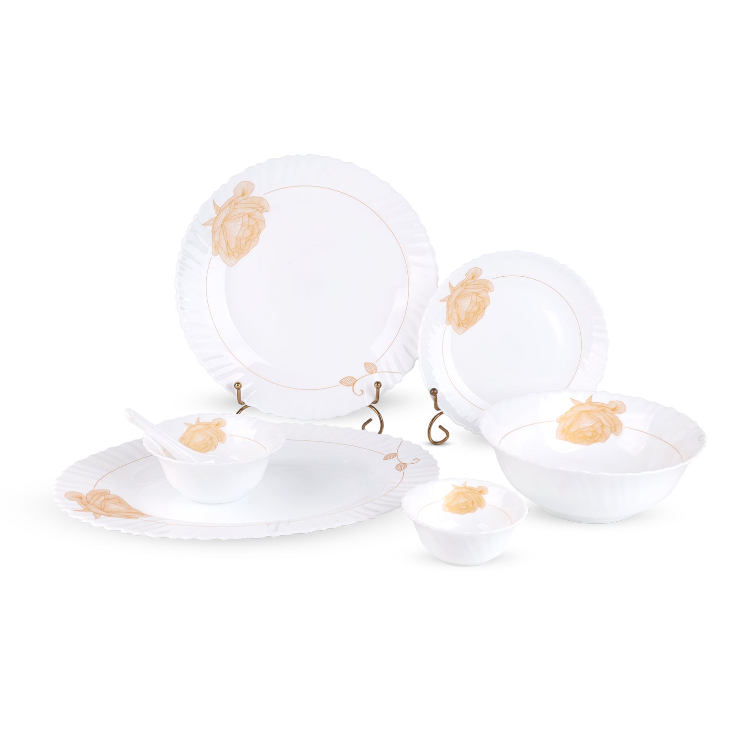 Royalford 33 Piece Classic Opalware Dinner Set- RF12470/ Includes Oval Plate, Dinner and Dessert Plates, Serving, Salad Bowls and Soup Spoons/ Dishwasher-Safe and Microwave Safe Multicolor