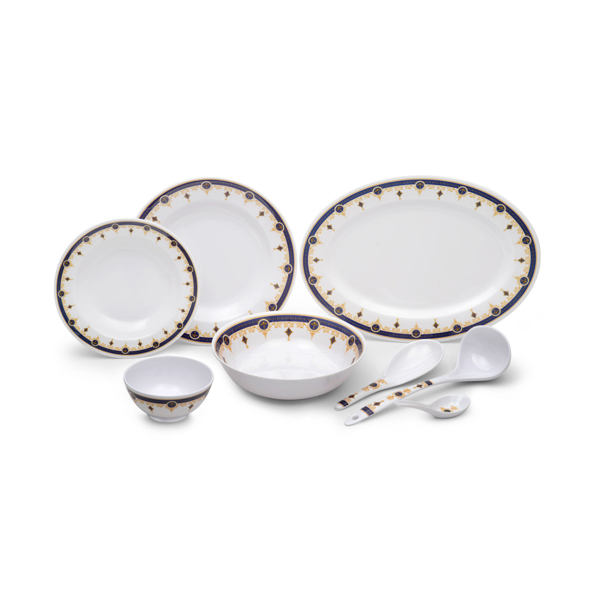 56-Piece Melamlne Dinner Set With 2X36 Cm Oval Plate, 12X25 Cm Deep Plate, 12X20 Cm Deep Plate, 12X12 Cm Round Bowl, 2X22 Cm Serving Bowl, 2 X Rice Spoon, 2 X Ladle, 12Xsoup Spoon, Serves 12 For Famlly Gatherings, White Multicolor