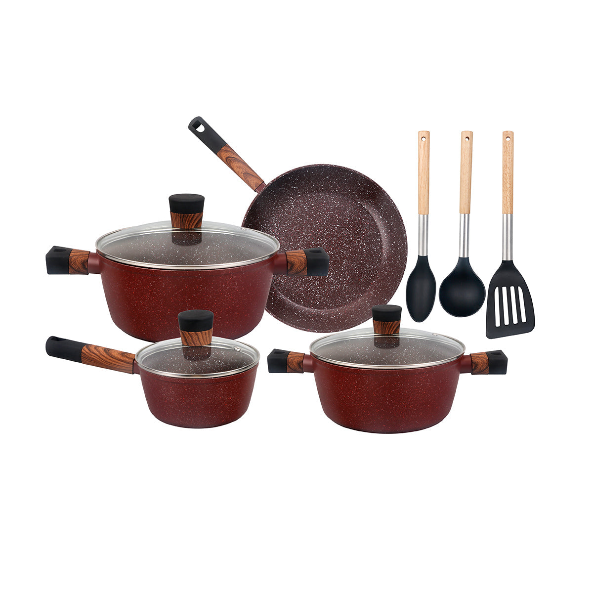 10-piece Chef Choice Non-Stick Cookware Set- RF12491/ Forged Aluminum Body, Granite Coated with 2.5 mm Thickness, Induction Base, Wooden-Finish Bakelite Handles and Glass Lid/ Includes Casserole, Fry Pan, Saucepan, 3 Nylon Tool/ Maroon Pink Maroon
