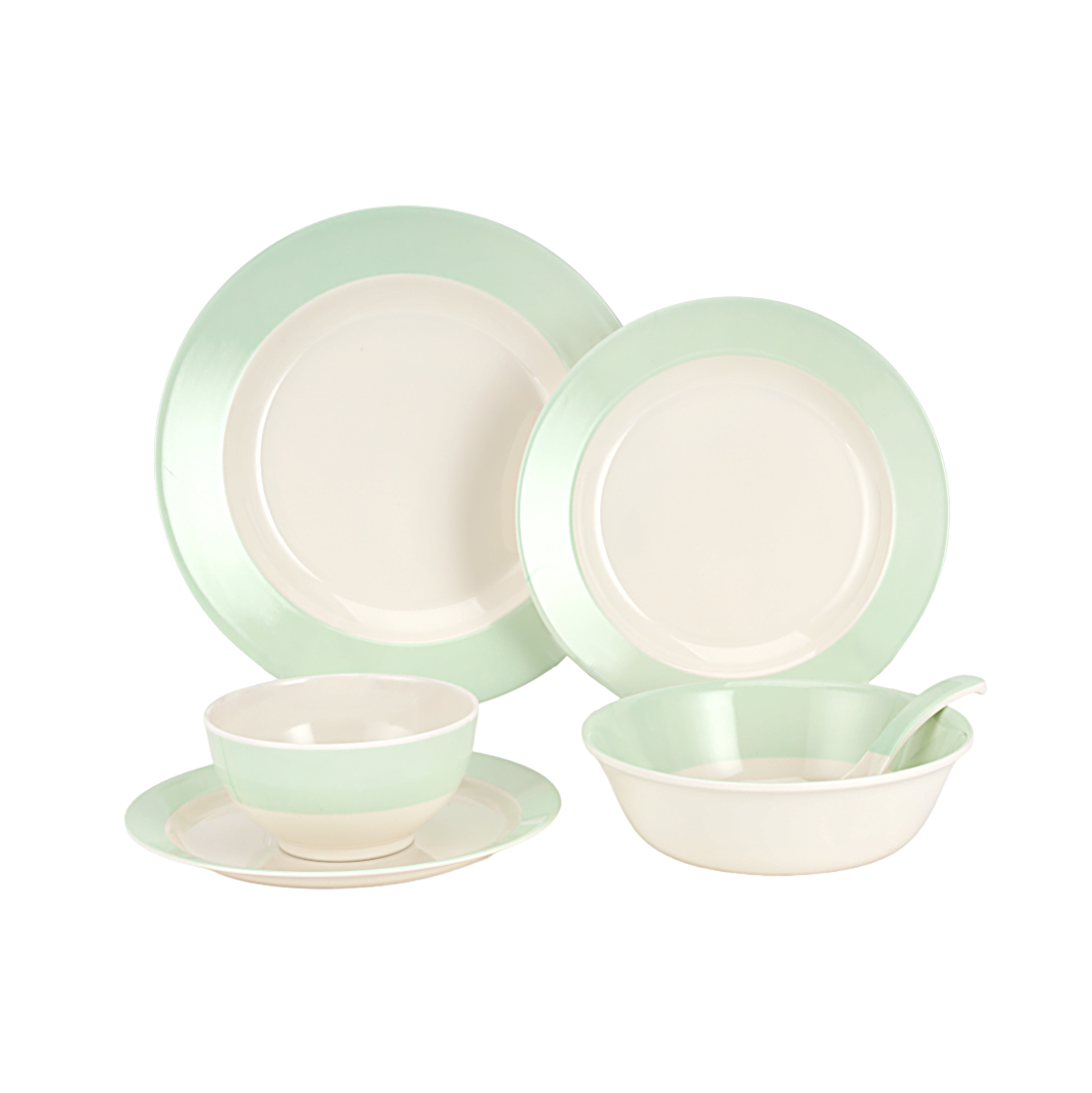 Royalford 32Pc Melamine Dinner Set ,break resistant ,freezer safe and Top Rack Dishwasher Safe Green and White 10inch