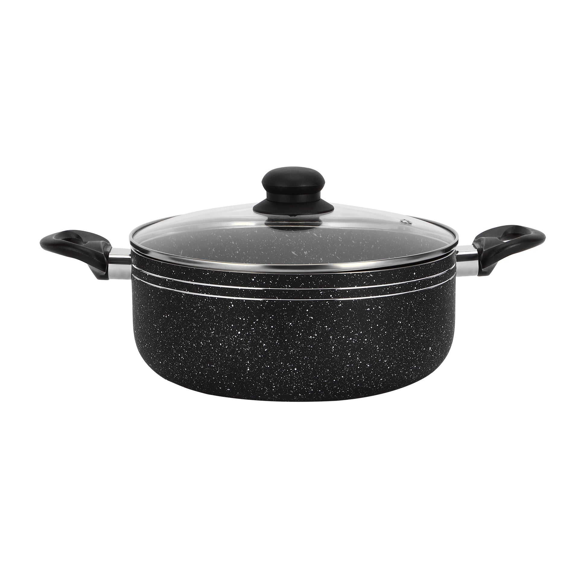 Royalford 9-piece Marble Coated and Press Aluminum Body Ritz Plus Cookware Set  Dot Induction Base, Bakelite Handles and Lid/ Includes Casseroles, Saucepan, Bamboo Kitchen Tools and Fry Pan/ Black Black