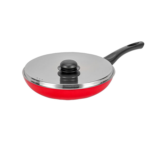 Royalford 26 cm Aluminum Nonstick Frypan with Stainless Steel Lid / Strong Body with 3 Layer Coating and Heat Resistant Bakelite Handle/ Perfect for Frying, Sauting, Tempering/ Black Black