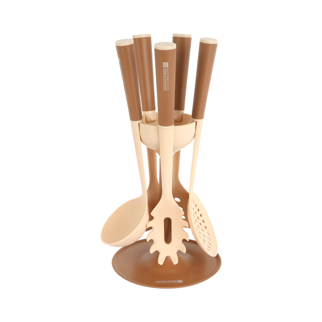 Royalford 6 Pieces Nylon Kitchen Cutlery Set with Holder, Spotted Turner, Spoon, Ladle, Skimmer 100% Food Grade Material, Dishwasher Safe, Premium Quality Polymer  Soft Grip Handles, Heat Resistant Brown
