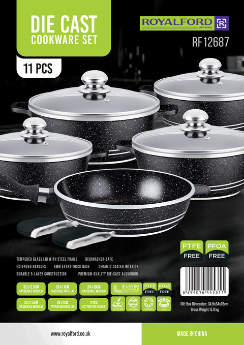 11-Piece Die-Cast Cookware Set Ceramic Coated With 4 mm Base Thickness Extended Handles And Glass Lid Black