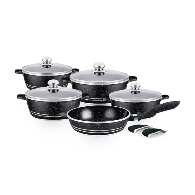 11-Piece Die-Cast Cookware Set Ceramic Coated With 4 mm Base Thickness Extended Handles And Glass Lid Black