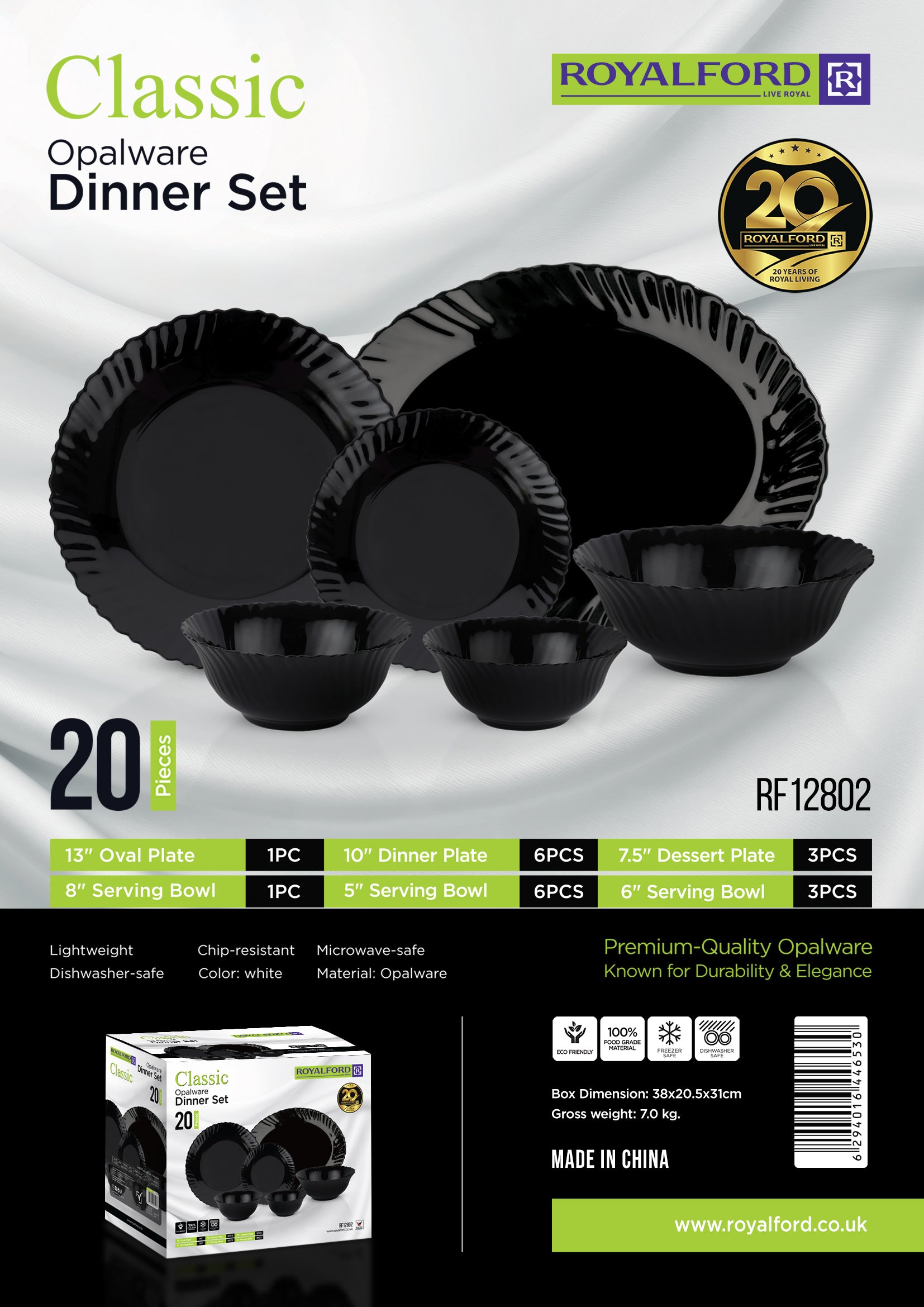 Royalford 20 Piece Opalware Dinner Set- RF12802/ Includes Oval Plate, Dinner and Dessert Plates, Serving Bowls/ Dishwasher-Safe and Microwave Safe/ Chip-Resistant and Food-Grade/ Black