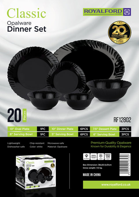 Royalford 20 Piece Opalware Dinner Set- RF12802/ Includes Oval Plate, Dinner and Dessert Plates, Serving Bowls/ Dishwasher-Safe and Microwave Safe/ Chip-Resistant and Food-Grade/ Black