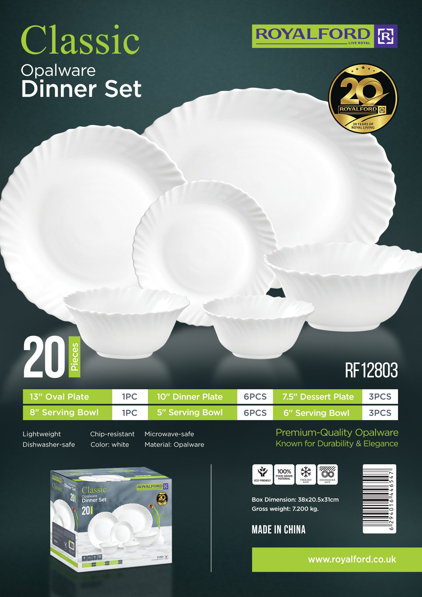 Royalford 20 Piece Opalware Dinner Set- RF12803/ Includes Oval Plate, Dinner and Dessert Plates, Serving Bowls/ Dishwasher-Safe and Microwave Safe/ Chip-Resistant and Food-Grade/ White