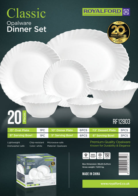 Royalford 20 Piece Opalware Dinner Set- RF12803/ Includes Oval Plate, Dinner and Dessert Plates, Serving Bowls/ Dishwasher-Safe and Microwave Safe/ Chip-Resistant and Food-Grade/ White