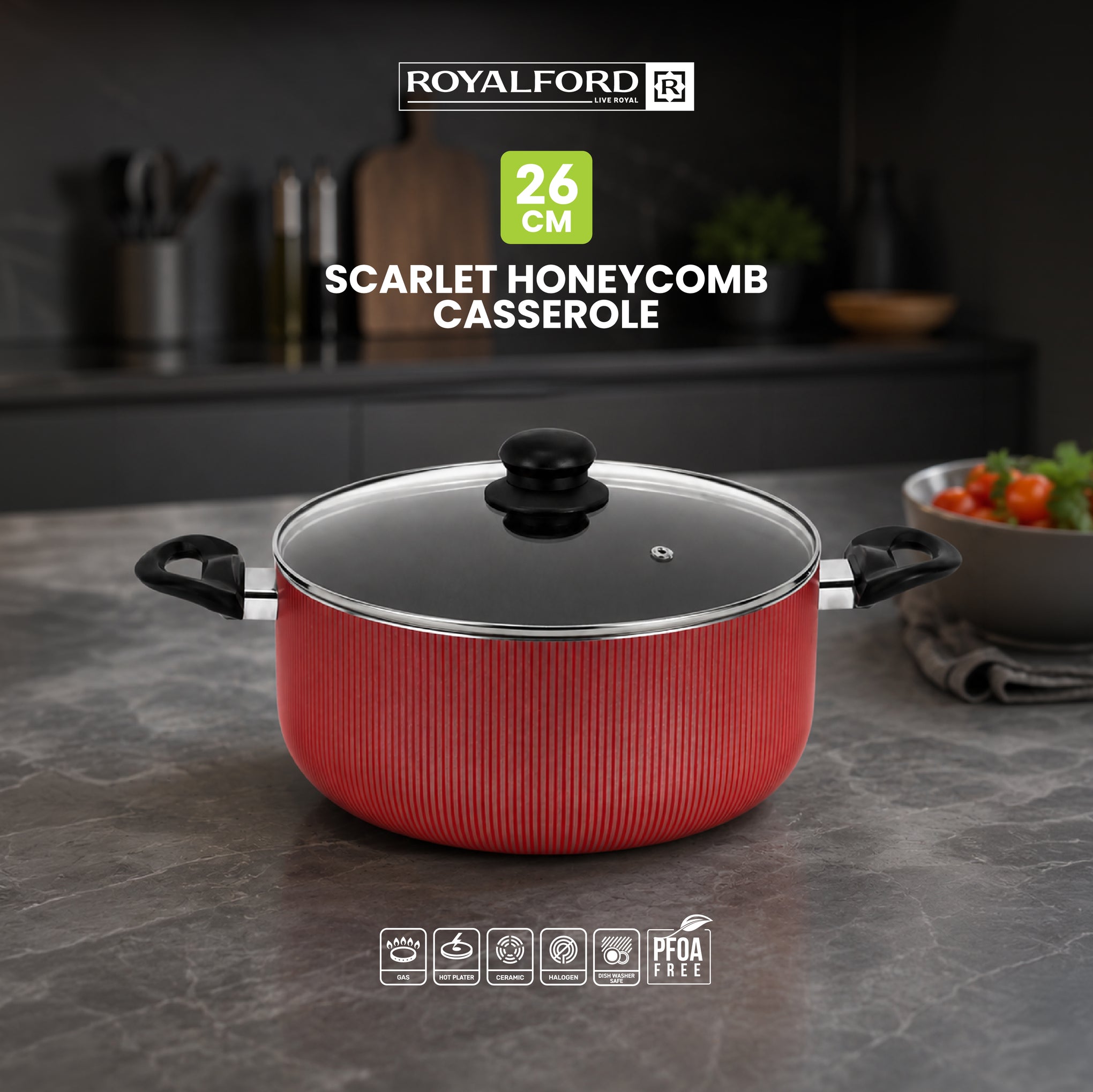 26cm Scarlet Honeycomb Non-Stick Casserole with Lid | Induction Compatible | Premium Cookware