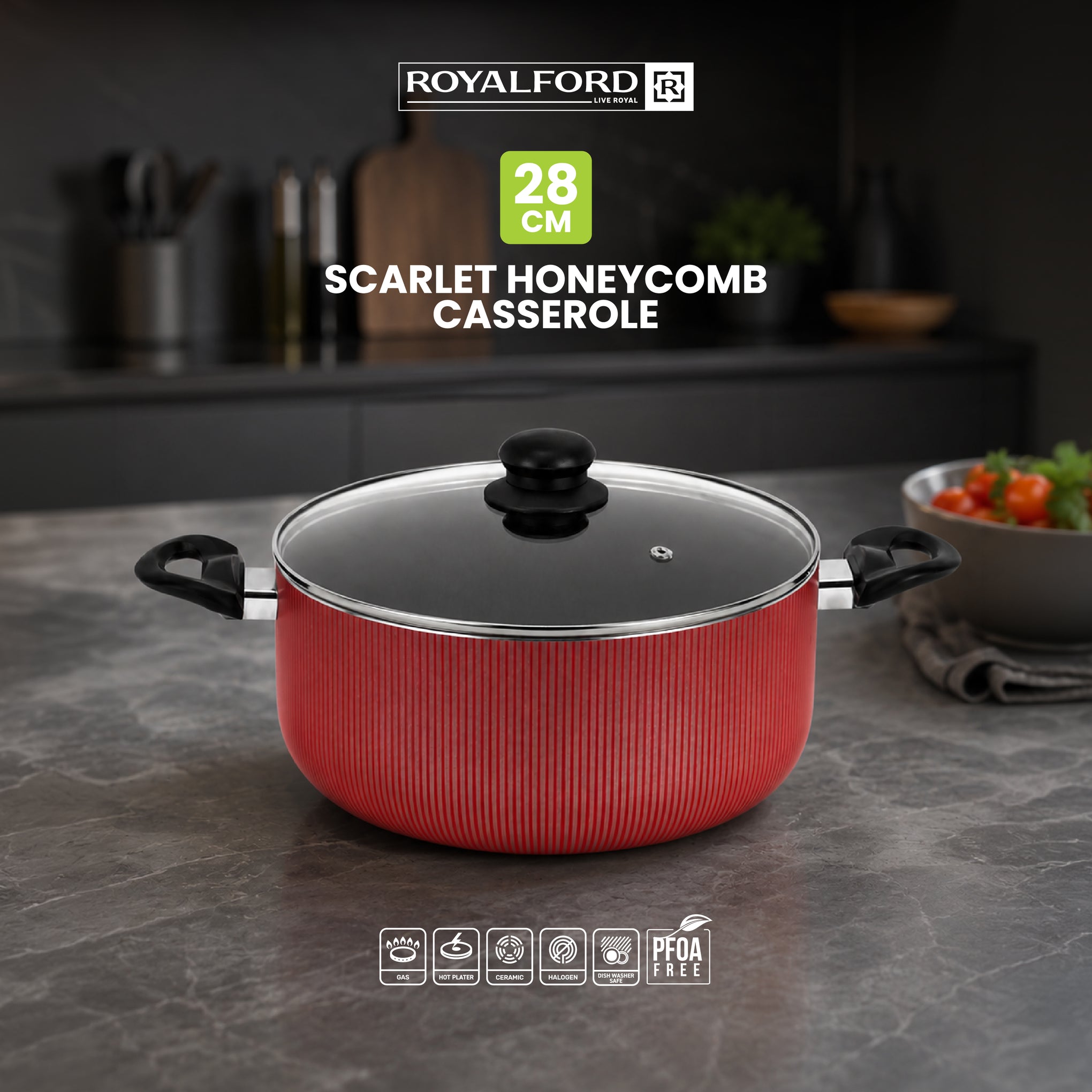 Royalford 28x12 cm Scarlet Honeycomb Casserole- RF12891/ Cookware with Non-Stick Coating, Compatible with Hot Plate, Halogen, Gas Cooktops/ with Tempered Glass Lid and Bakelite Handles, Perfect for Cooking Stews, Curries, Soups, Rice, Etc./ Red