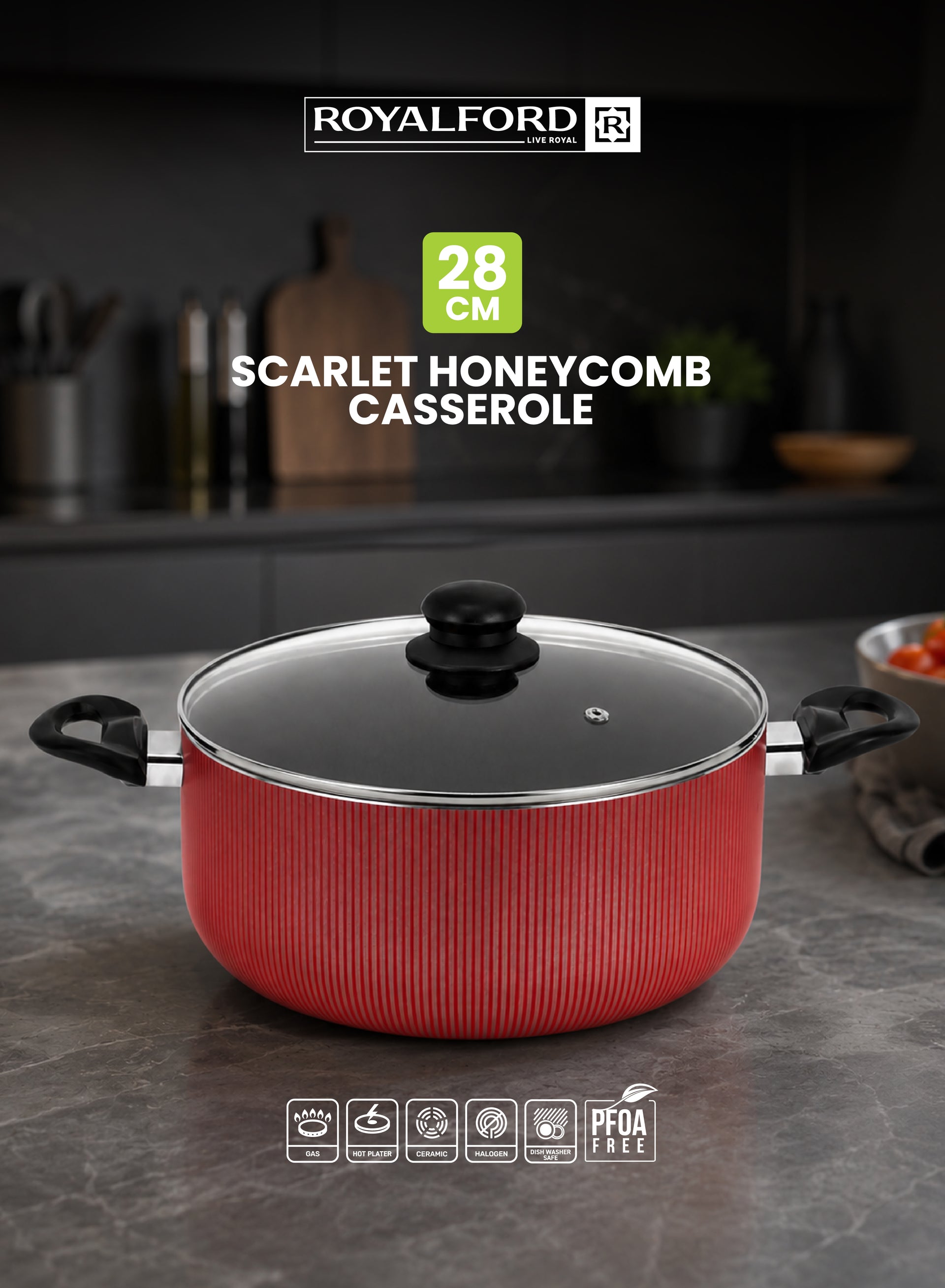 Royalford 28x12 cm Scarlet Honeycomb Casserole- RF12891/ Cookware with Non-Stick Coating, Compatible with Hot Plate, Halogen, Gas Cooktops/ with Tempered Glass Lid and Bakelite Handles, Perfect for Cooking Stews, Curries, Soups, Rice, Etc./ Red