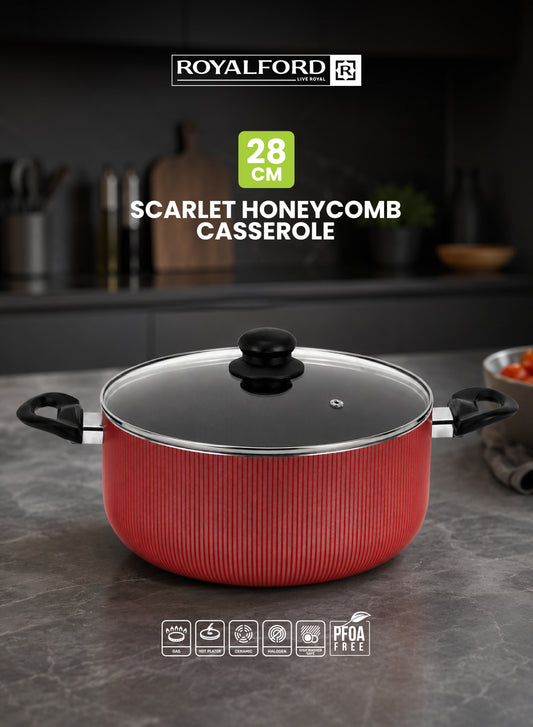 Royalford 28x12 cm Scarlet Honeycomb Casserole- RF12891/ Cookware with Non-Stick Coating, Compatible with Hot Plate, Halogen, Gas Cooktops/ with Tempered Glass Lid and Bakelite Handles, Perfect for Cooking Stews, Curries, Soups, Rice, Etc./ Red
