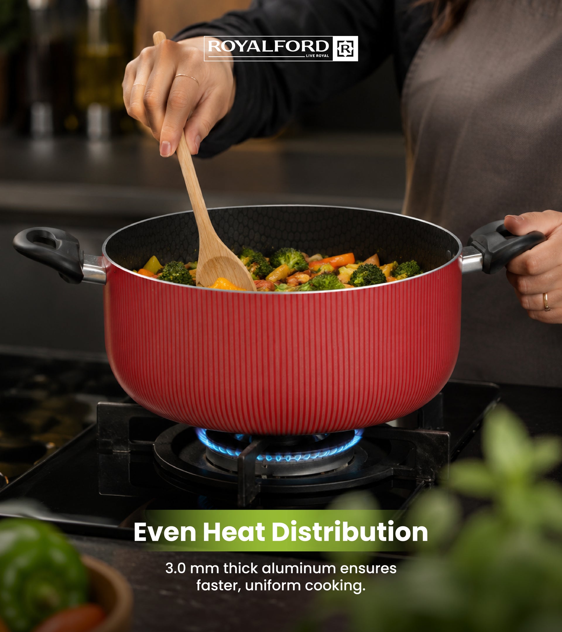 Royalford 28x12 cm Scarlet Honeycomb Casserole- RF12891/ Cookware with Non-Stick Coating, Compatible with Hot Plate, Halogen, Gas Cooktops/ with Tempered Glass Lid and Bakelite Handles, Perfect for Cooking Stews, Curries, Soups, Rice, Etc./ Red