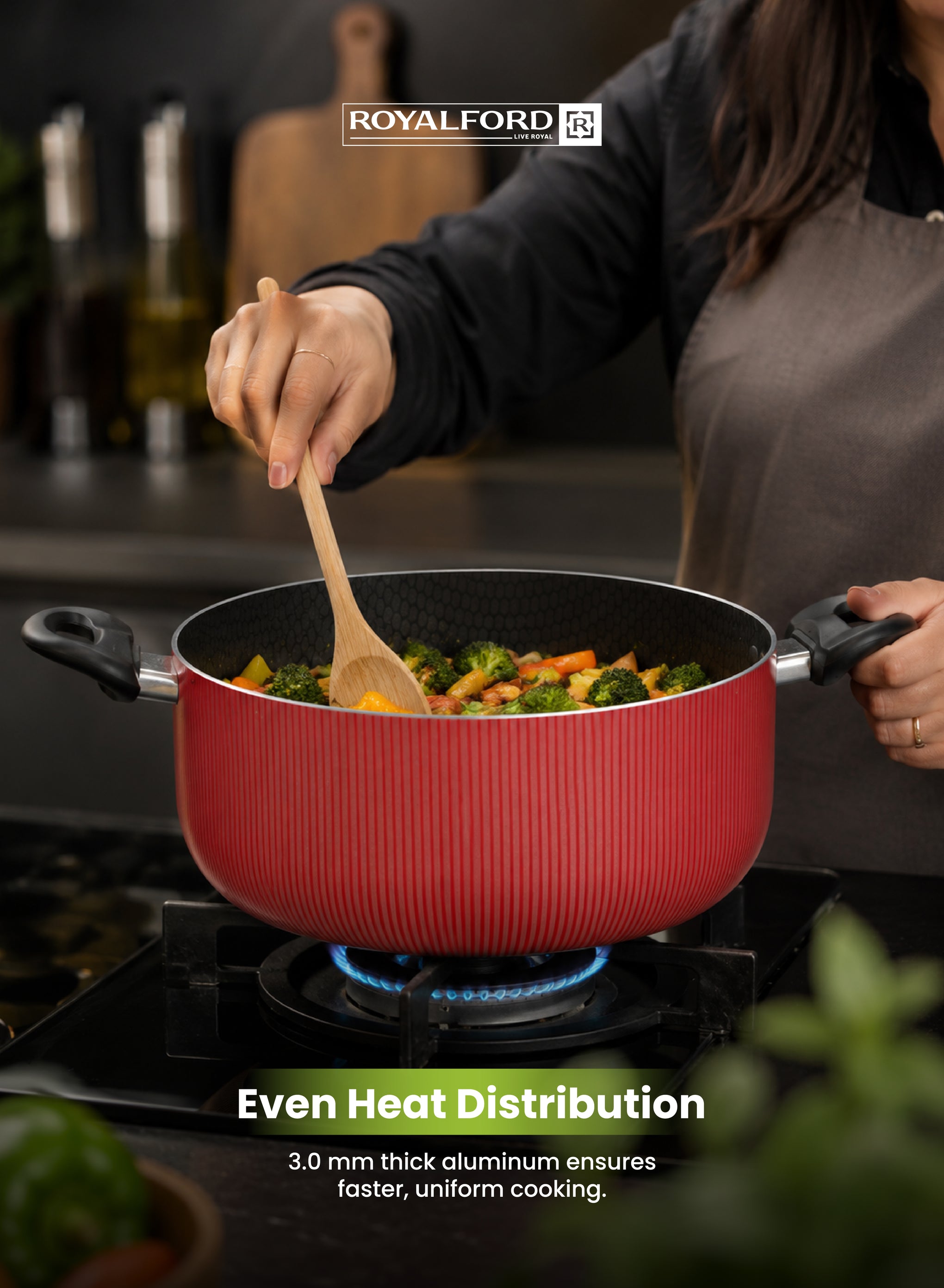 Royalford 28x12 cm Scarlet Honeycomb Casserole- RF12891/ Cookware with Non-Stick Coating, Compatible with Hot Plate, Halogen, Gas Cooktops/ with Tempered Glass Lid and Bakelite Handles, Perfect for Cooking Stews, Curries, Soups, Rice, Etc./ Red