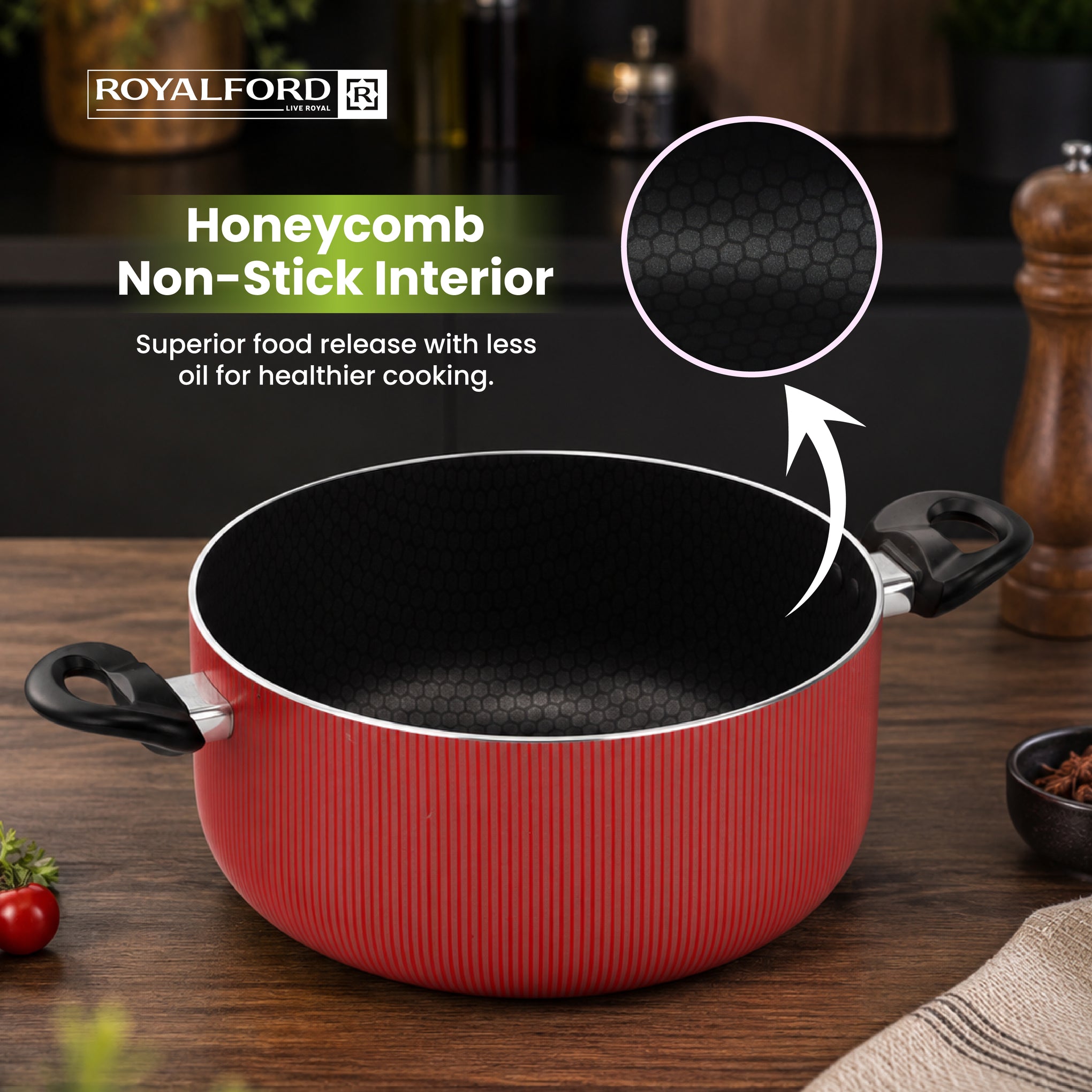 26cm Scarlet Honeycomb Non-Stick Casserole with Lid | Induction Compatible | Premium Cookware