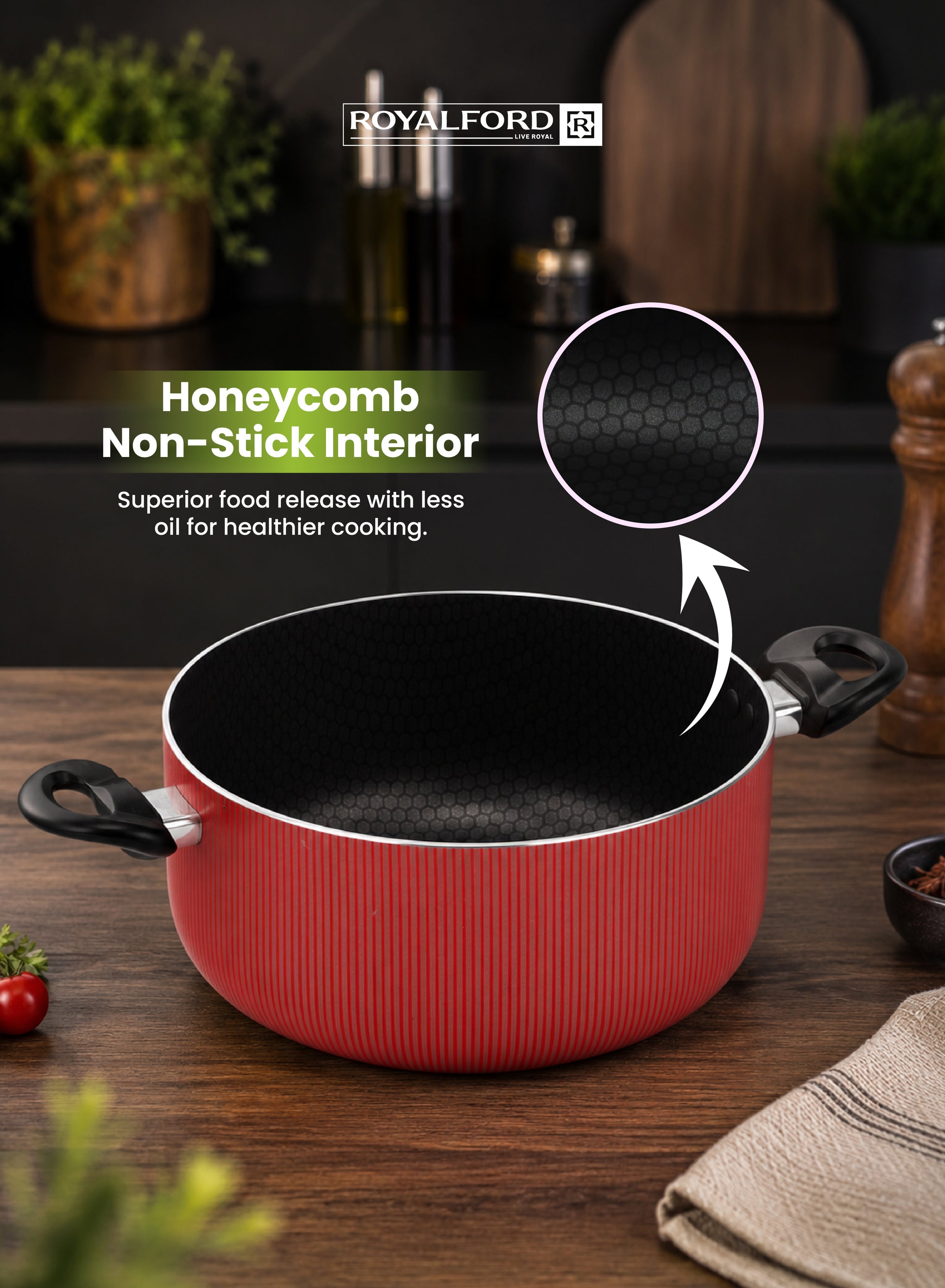 Royalford 28x12 cm Scarlet Honeycomb Casserole- RF12891/ Cookware with Non-Stick Coating, Compatible with Hot Plate, Halogen, Gas Cooktops/ with Tempered Glass Lid and Bakelite Handles, Perfect for Cooking Stews, Curries, Soups, Rice, Etc./ Red