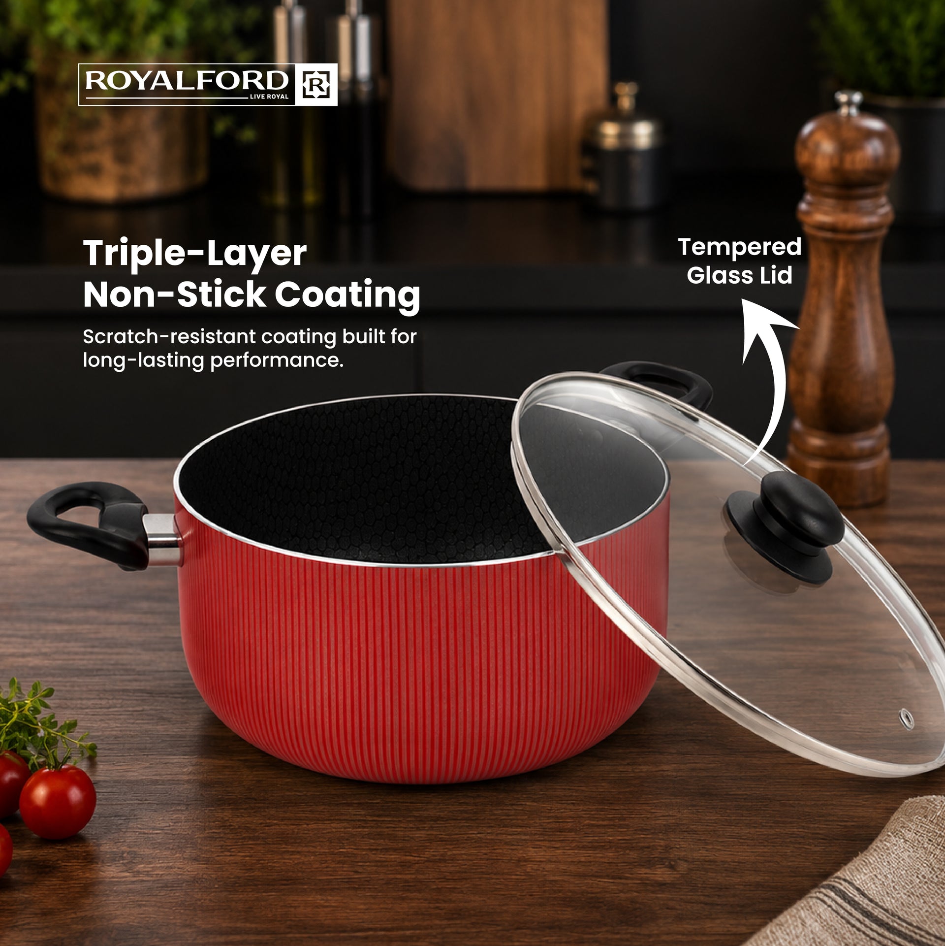 26cm Scarlet Honeycomb Non-Stick Casserole with Lid | Induction Compatible | Premium Cookware