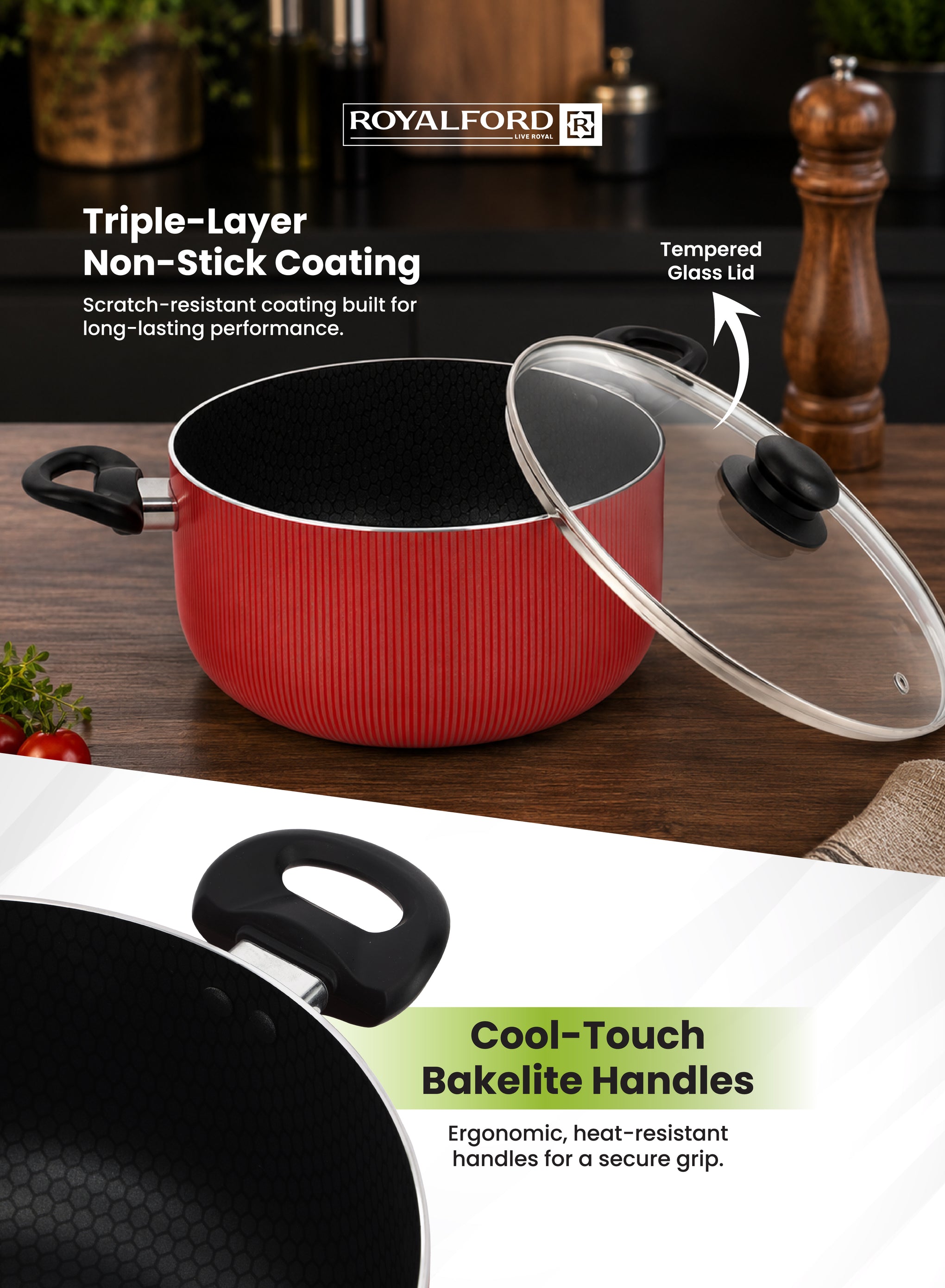 Royalford 28x12 cm Scarlet Honeycomb Casserole- RF12891/ Cookware with Non-Stick Coating, Compatible with Hot Plate, Halogen, Gas Cooktops/ with Tempered Glass Lid and Bakelite Handles, Perfect for Cooking Stews, Curries, Soups, Rice, Etc./ Red