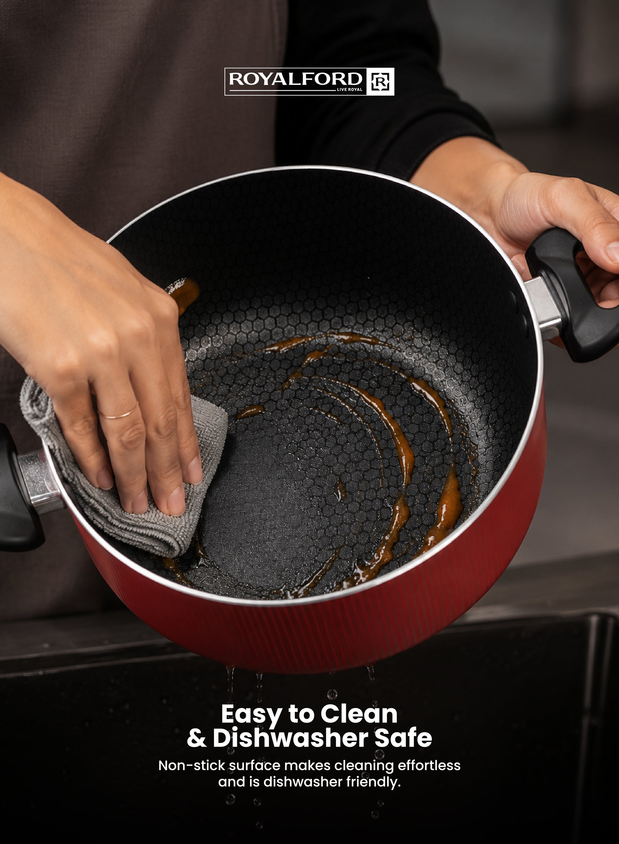 Royalford 28x12 cm Scarlet Honeycomb Casserole- RF12891/ Cookware with Non-Stick Coating, Compatible with Hot Plate, Halogen, Gas Cooktops/ with Tempered Glass Lid and Bakelite Handles, Perfect for Cooking Stews, Curries, Soups, Rice, Etc./ Red