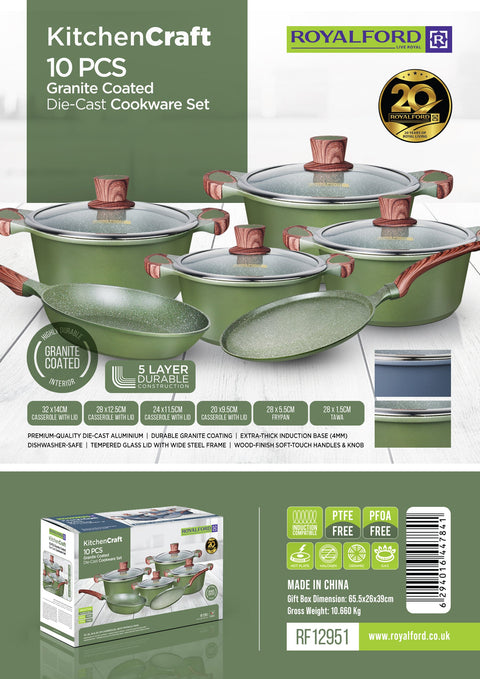 10pcs Kitchencraft Die-Cast Aluminum Cookware Set RF12951 Granite Coated 4mm Induction Base, Wood-Finish Handles Tempered Glass Lid Assorted Color Sets Assorted Sets 10Count