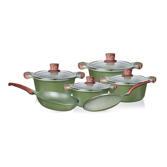 10pcs Kitchencraft Die-Cast Aluminum Cookware Set RF12951 Granite Coated 4mm Induction Base, Wood-Finish Handles Tempered Glass Lid Assorted Color Sets Assorted Sets 10Count