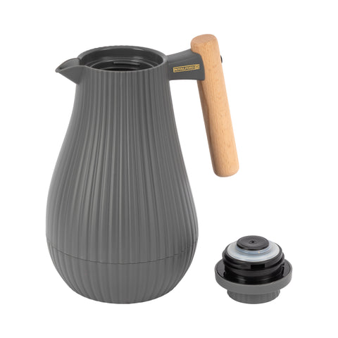 Royalford 1000 ml (33.5 oz) Insula Vacuum Flask with Wooden Handle- RF12972/ with Pink Glass Inner and PP Outer Body, Keeps Your Drinks Hot or Cold, Asbestos-Free and Hygienic/ Leak-Proof and Portable Design, Suitable for Indoor and Outdoor Use/ Grey