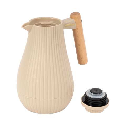Royalford 1000 ml (33.5 oz) Insula Vacuum Flask with Wooden Handle- RF12973/ with Pink Glass Inner and PP Outer Body, Keeps Your Drinks Hot or Cold, Asbestos-Free and Hygienic/ Leak-Proof and Portable Design, Suitable for Indoor and Outdoor Use/ White