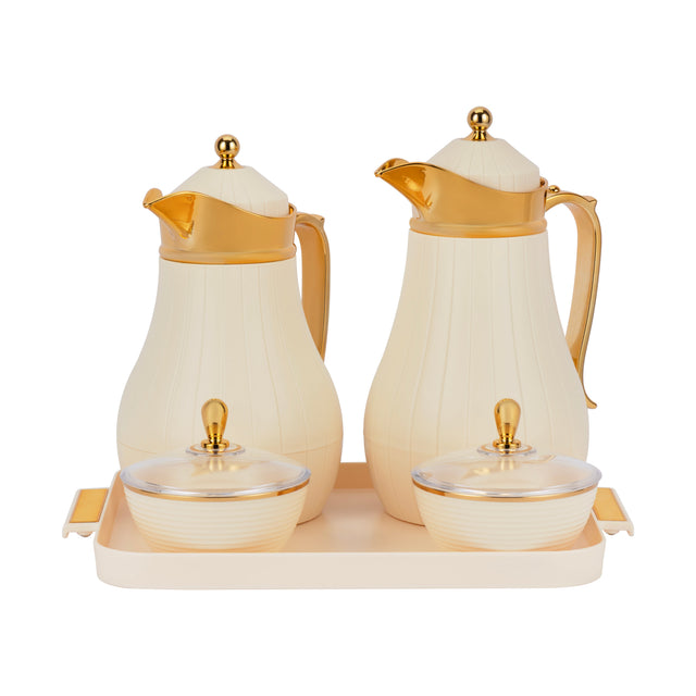 5-Piece Rahma Flask Set | 1L & 0.6L Insulated Vacuum Flasks with Serving Tray & Bowl | Hot & Cold Beverage Set