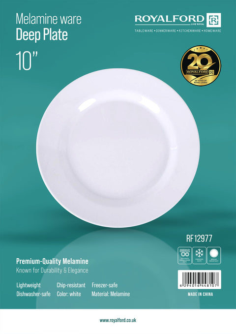 Royalford 10" Melamineware Deep Dinner Plate- RF12977/ Light-Weight and Food-Grade Plate/ Elegant and Durable, Freezer and Dishwasher Safe/ Perfect for Serving Food, Pasta, Noodles, Rice Meals, etc./ White