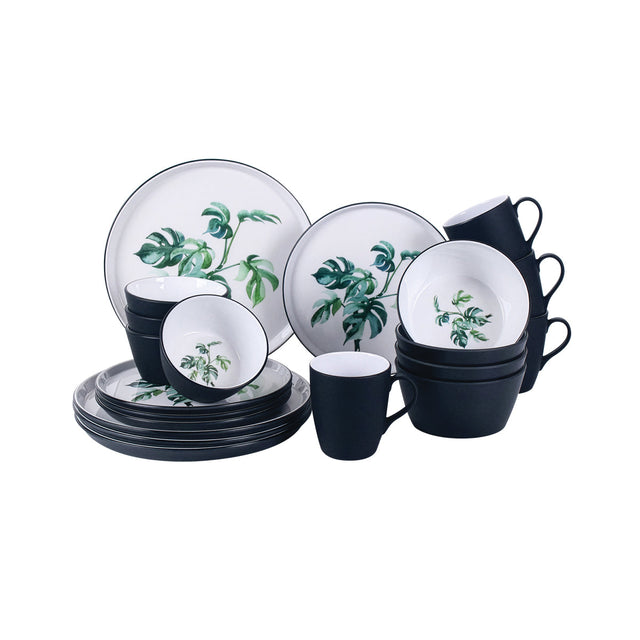 Royalford 20 Piece Monstera Melamineware Dinner Set- RF12979/ Includes Side and Deep Plates, Serving Bowls/ Dishwasher-Safe and Freezer-Friendly/ Eco-Friendly and Food-Grade/ White and Green