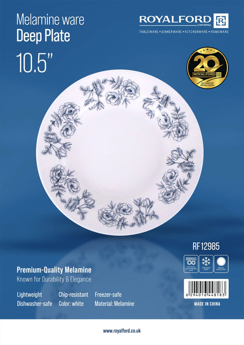 Royalford 10.5" Melamineware Deep Plate- RF12985/ Elegant Color and Print, Perfect for Serving and Eating Soups, Salads, Snacks, Pastas, etc. / Lightweight, Serveware, Dishwasher-Safe and Microwave Safe/ White and Blue