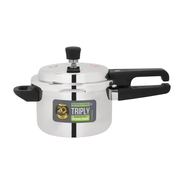 Royalford 3L Triply Stainless Steel Pressure Cooker RF13046 Faster Cooking Comfortable Handle Compatible with Induction, Gas, Hotplate, Ceramic and Halogen Cooktops silver 3000ml
