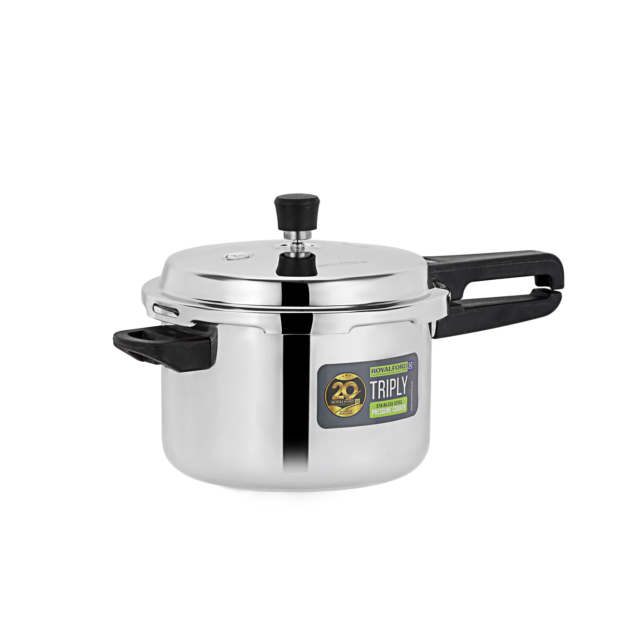 Royalford 5L Triply Stainless Steel Pressure Cooker RF13047 Faster Cooking, Comfortable Handle Compatible with Induction, Gas, Hotplate, Ceramic and Halogen Cooktops silver 5000ml