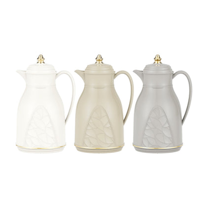 ترمس تفريغ سعة 1.0 لتر - قلب زجاجي وردي خالٍ من الأسبستوس، هيكل خارجي متين من مادة البولي بروبيلين، إبريق حراري مانع للتسريب للمشروبات الساخنة والباردة للاستخدام الداخلي والخارجي باللونين الرمادي والذهبي