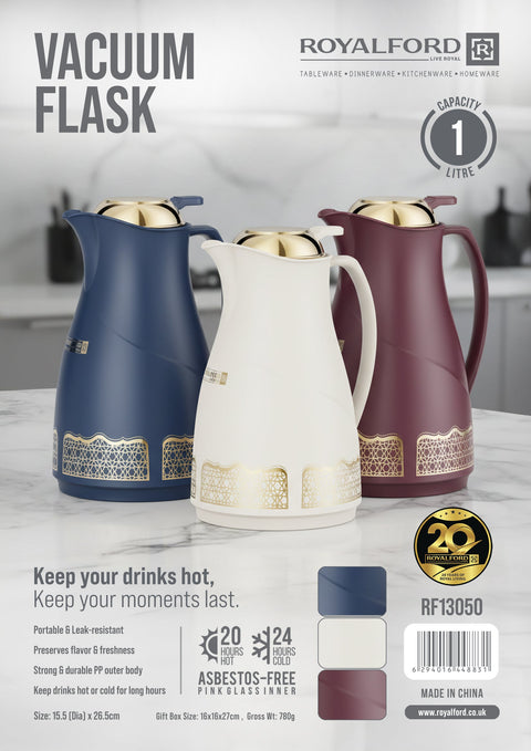 RoyalFord 1L Vacuum Flask with Glass Inner – Insulated Hot & Cold Arabic Coffee Flask, Leak Resistant Thermal Jug for Tea & Coffee, 20 Hours Hot & 24 Hours Cold BURGUNDY