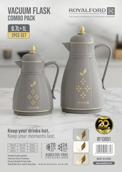 طقم حافظات حرارية (ترمس) 0.7 لتر و 1.0 لتر – قلب زجاجي وردي خالٍ من الأسبستوس، أباريق حرارية مانعة للتسريب للمشروبات الساخنة والباردة، هيكل خارجي متين من البولي بروبيلين للاستخدام في المنزل والمكتب والأنشطة الخارجية، باللونين الرمادي والذهبي